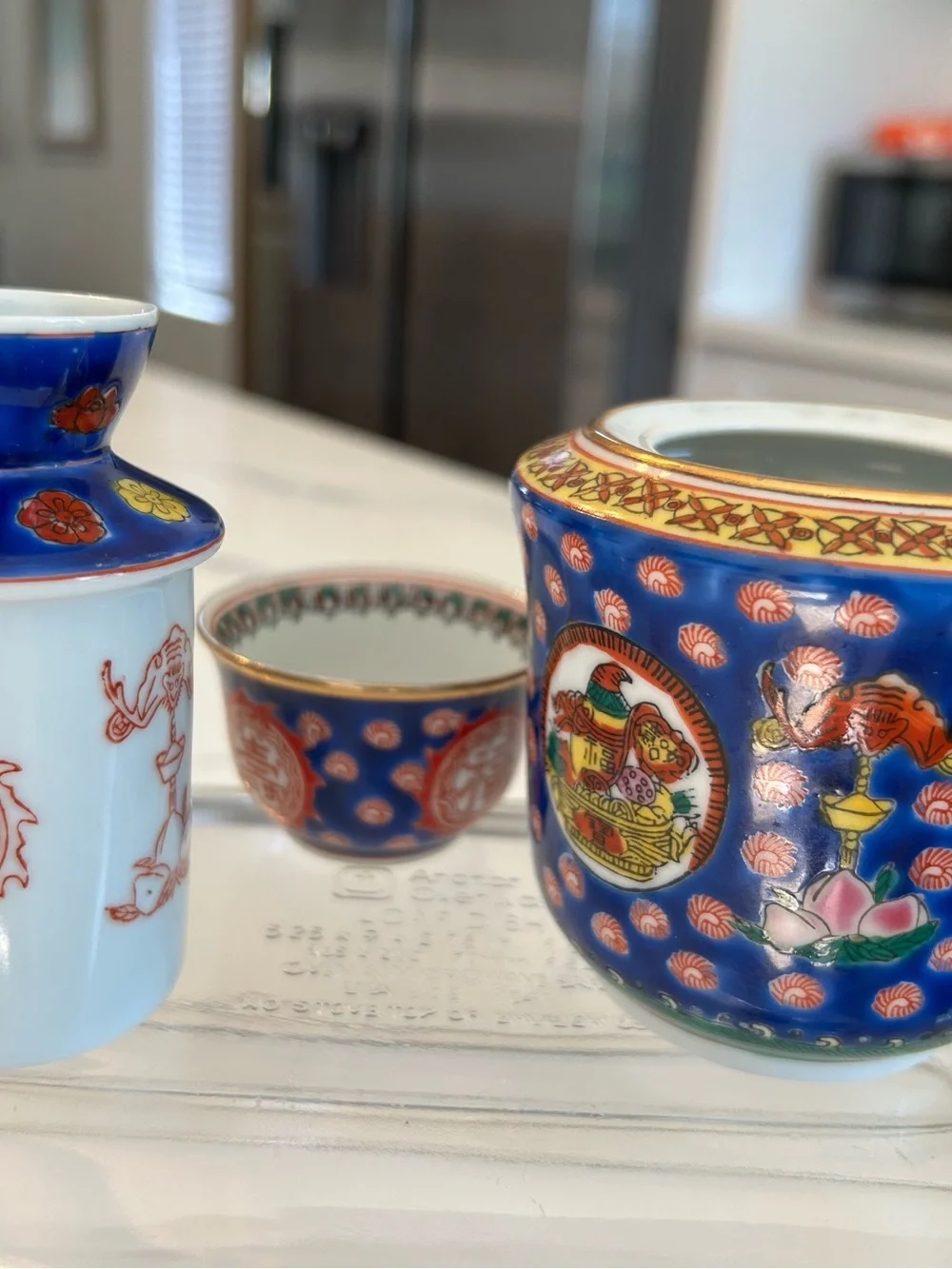 Vintage Chinese Blue and Gold Porcelain Decorative Tea Canister 3 pc